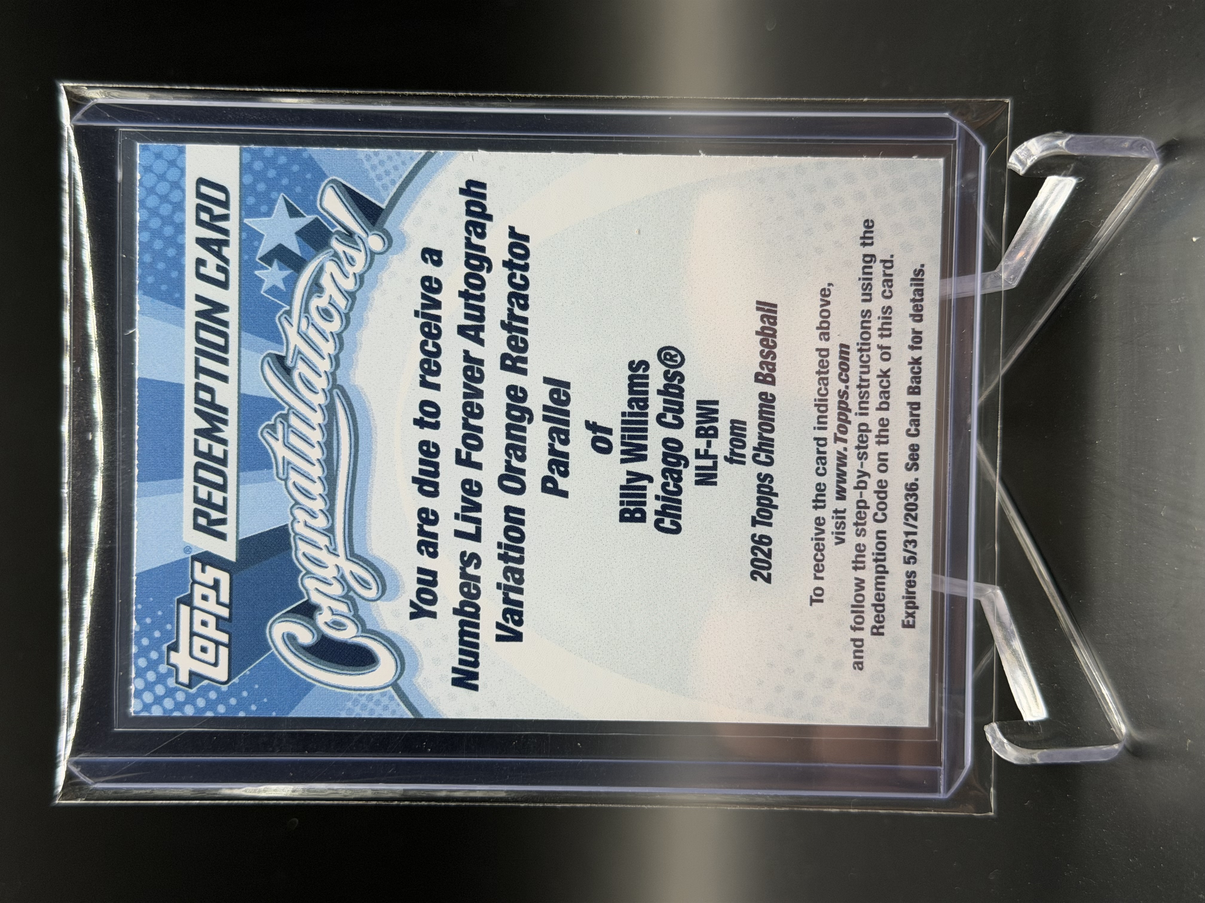 Billy Williams — Numbers Live Forever Autograph Variation · Orange · NLF-BWI redemption card
